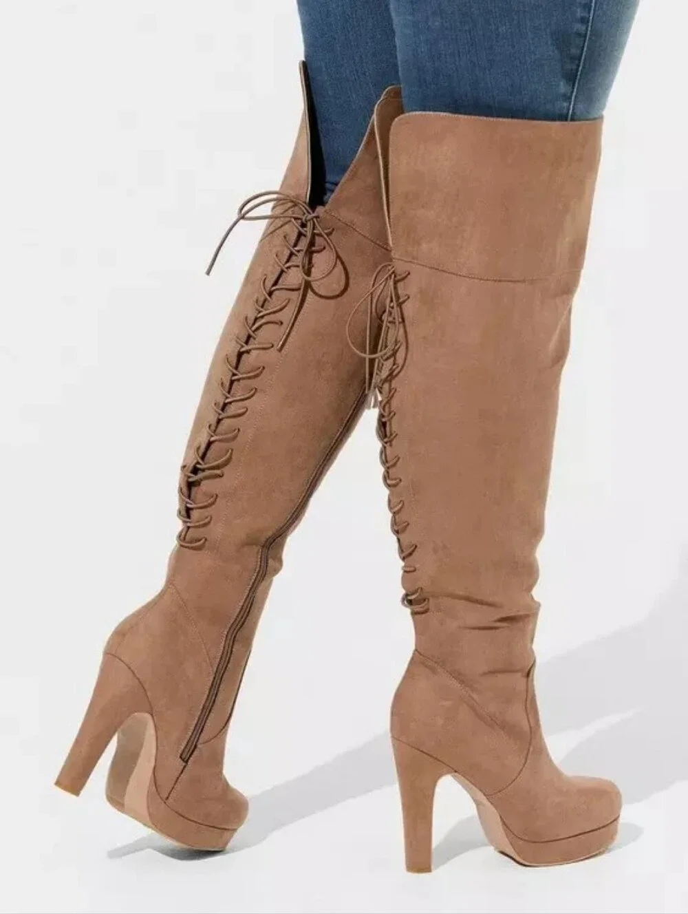 Women's EXTRA WIDE CALF Plus Size Over The Knee Lace-Up Platform Boots Tan Suede